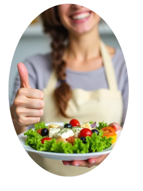 Smiling cook in about me kitchen holding a homemade dish