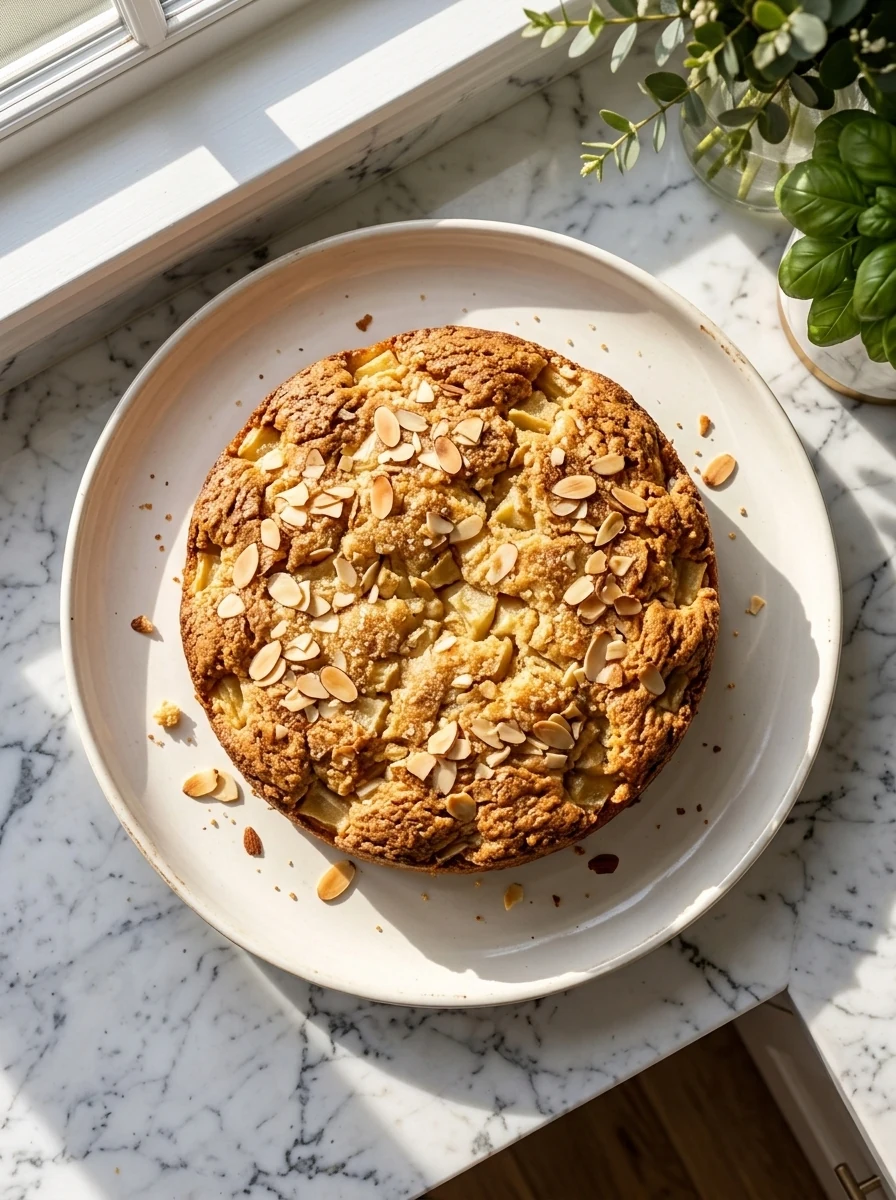 Round almond flour apple cake with apples folded into the crumb
