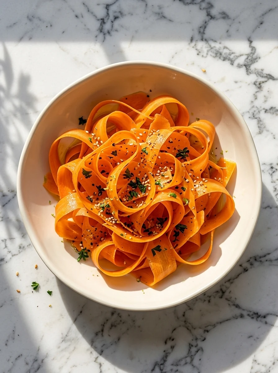 Carrot ribbon salad with sesame seeds and parsley in a bowl