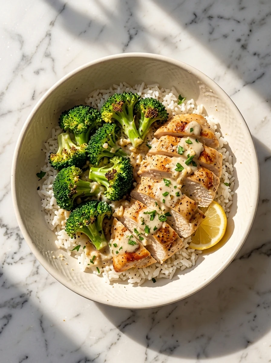Chicken and broccoli bowl over cooked grain with creamy garlic sauce