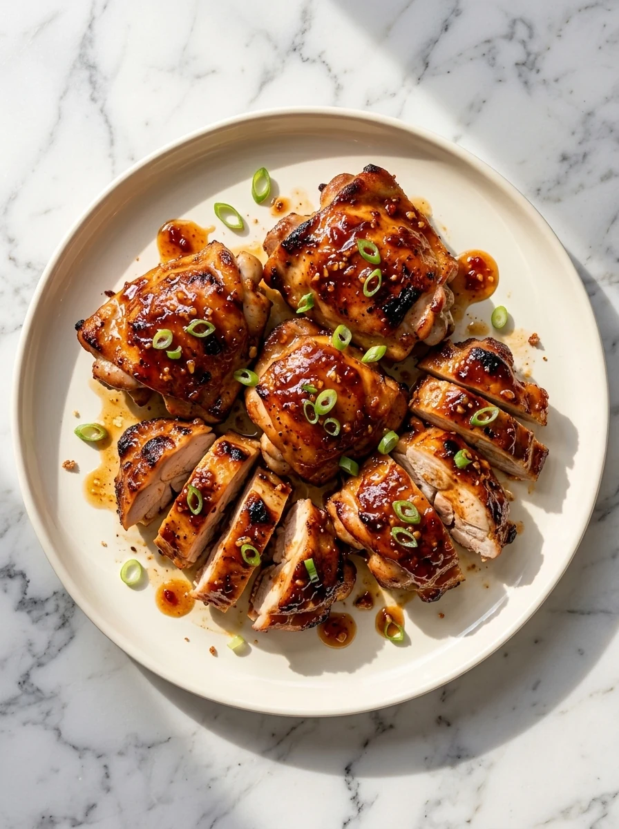 Glazed chipotle honey chicken thighs on a serving plate