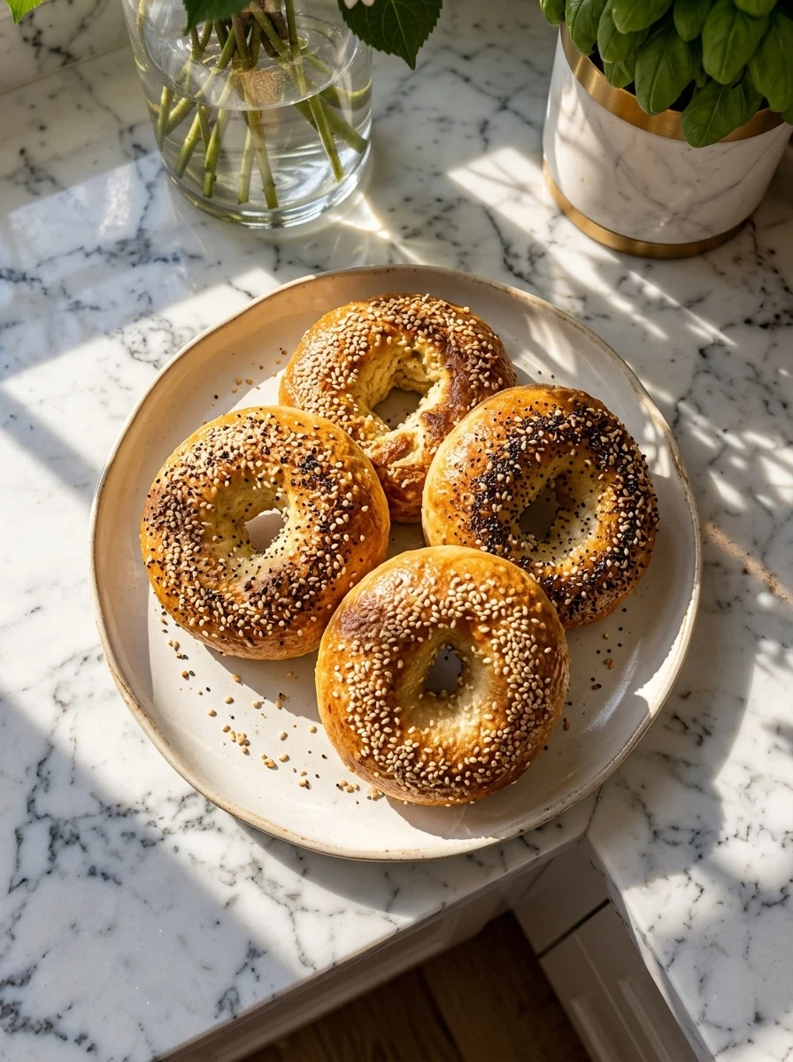 Homemade golden bagels made with cottage cheese dough