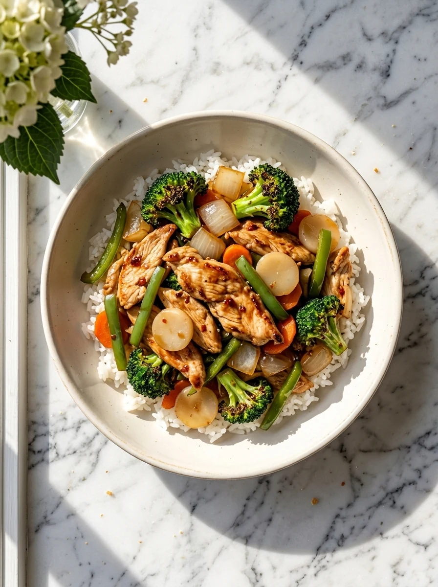 Chicken stir-fry with broccoli, carrots, onion, water chestnuts, and green bell pepper over rice