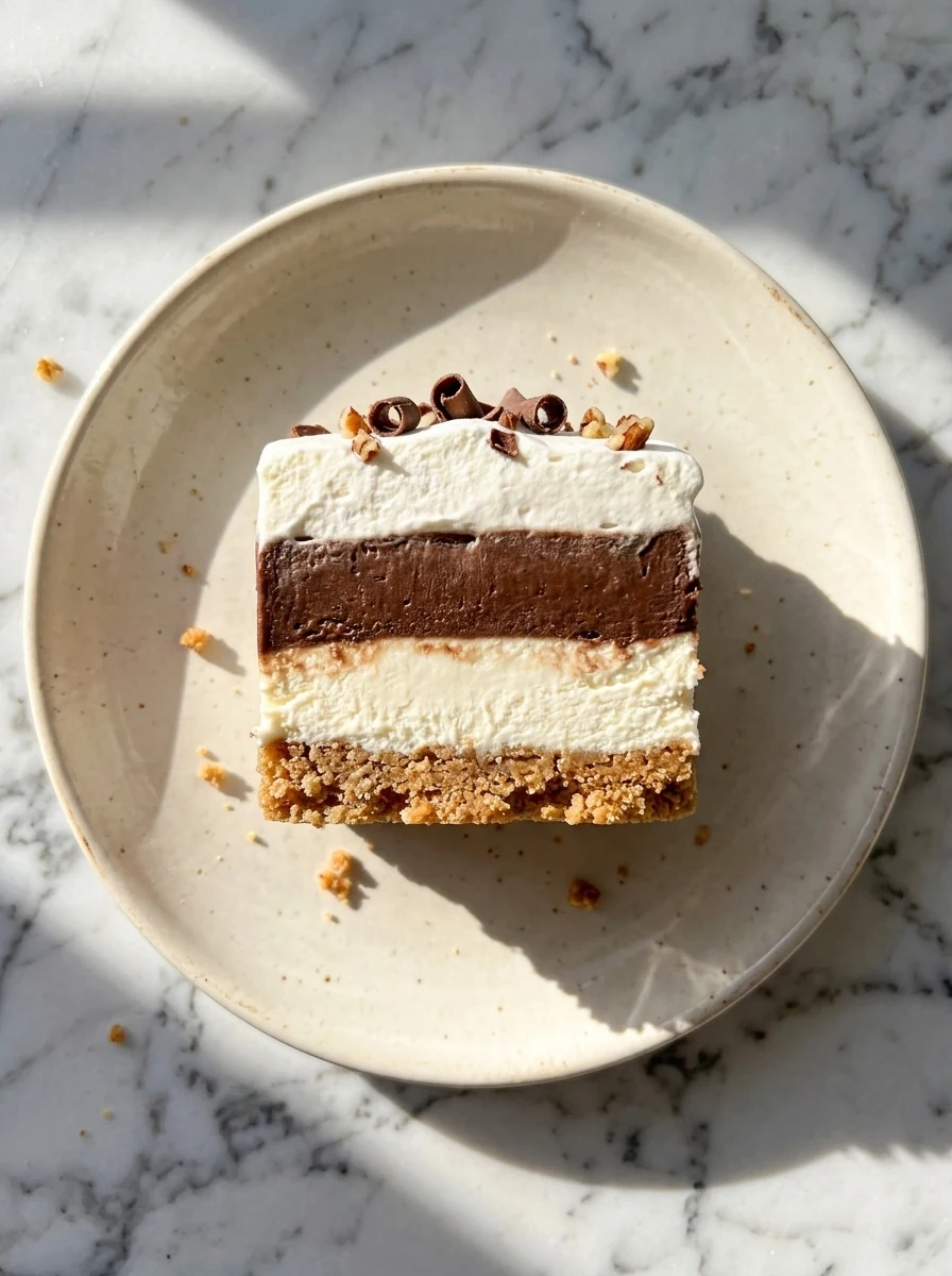 Layered DTI Chocolate Delight with pecan crust, cream cheese, chocolate pudding, and whipped topping