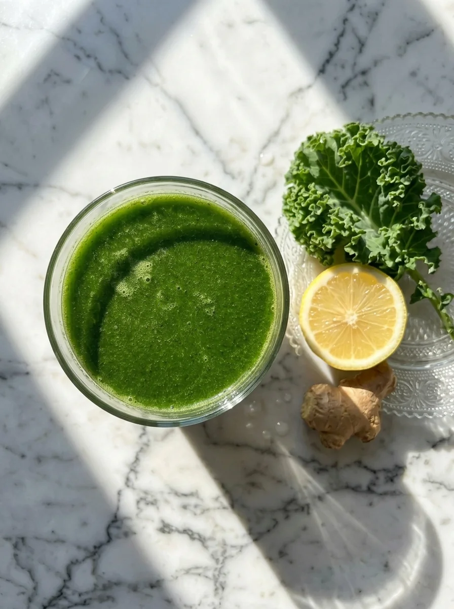 Fresh green kale juice in a clear glass