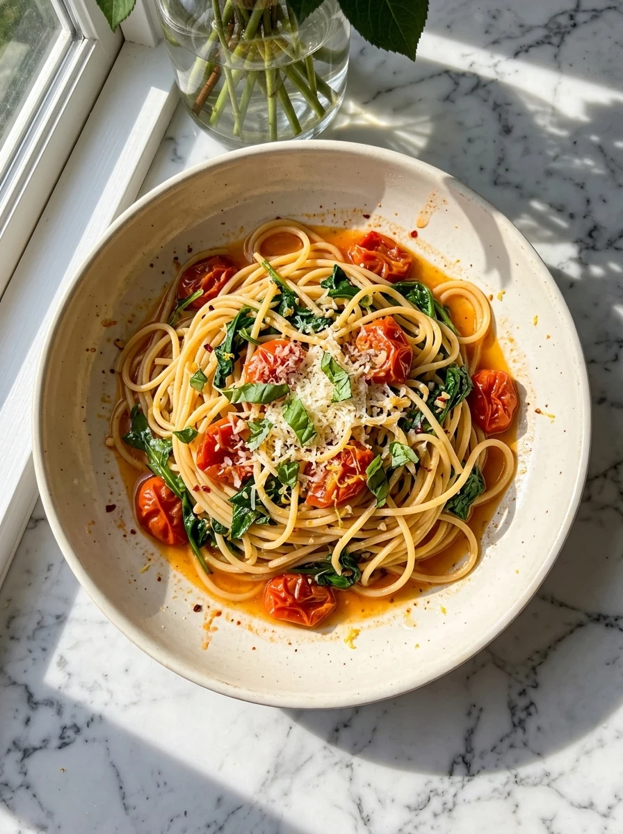One-pot spaghetti with cherry tomatoes, leafy greens, Parmesan, and basil